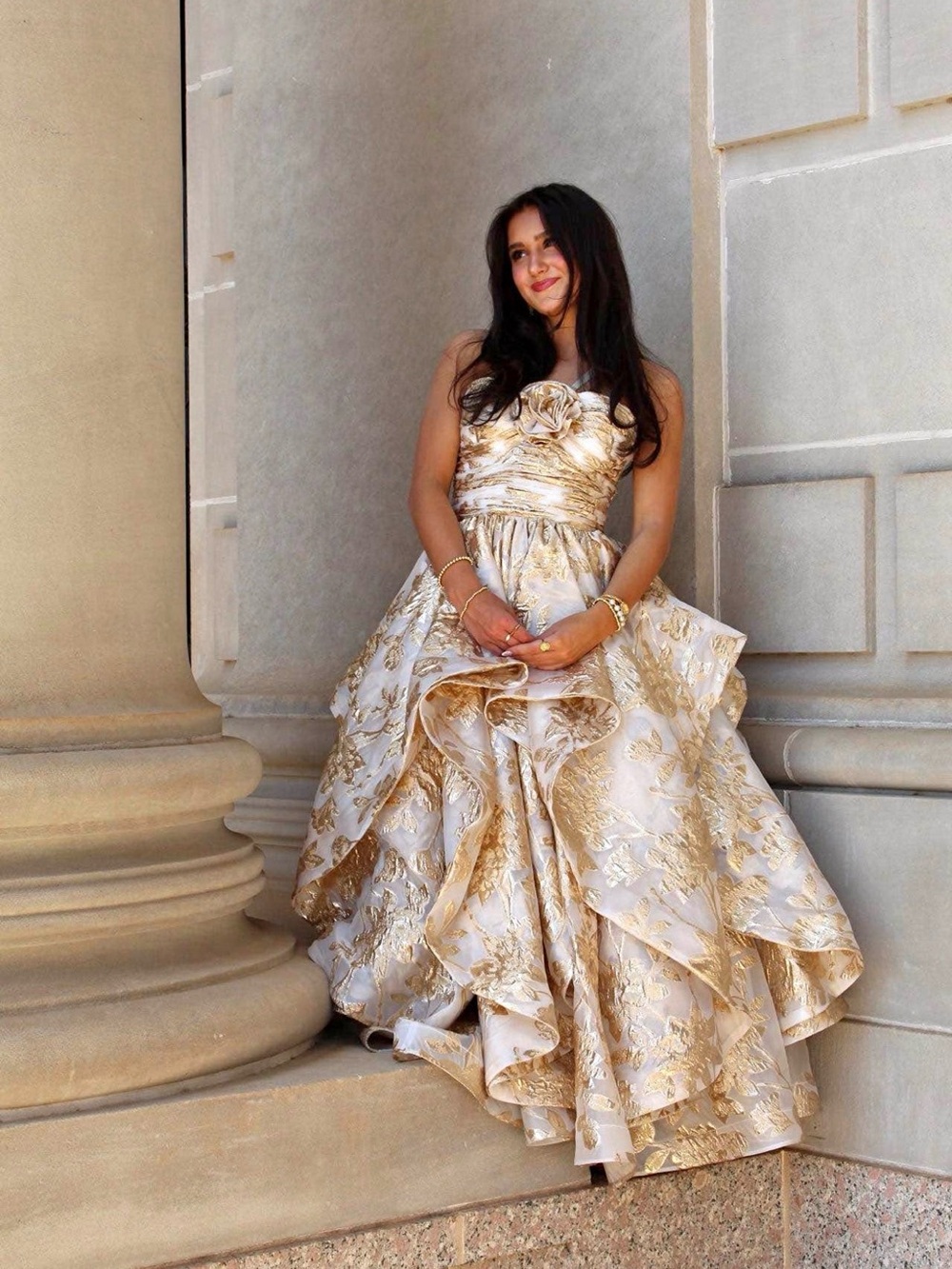 Ivory and Gold Floral Strapless Ball Gown
